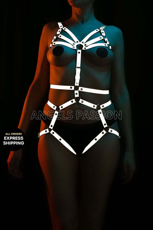 Reflective Body Harness Women - Bdsm Harness - Glow in the Dark Harness - Reflective Chest Harness Women - Gift for Her2