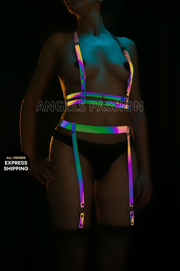 Glow in the Dark BDSM Garter Harness Set Lingerie - Rainbow Reflective Garter Harness - Burning Man Wear - Fetish Wear - Gift for Her