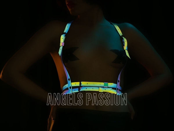Rave Outfit Reflective Festival Wear - Glow in the Dark Chest Harness - Chest Harness Women - Rainbow Reflective Chest Harness