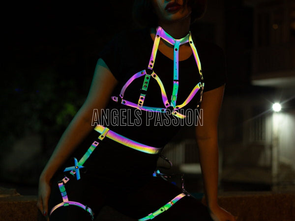 Reflective BDSM Harness - Garter Harness Set Lingerie - Rainbow Reflective Chest Harness - Burning Man Wear - Fetish Wear - Gift for Her
